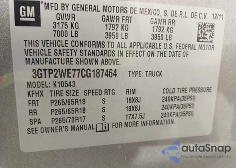 2012 GMC Sierra 1500 Slt z USA, uszkodzony, nr VIN 3GTP2WE77CG187464